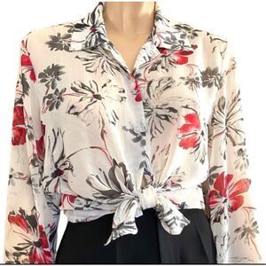 Vintage Top Sheer Blouse Button Up Shirt Floral Work Party Size M
